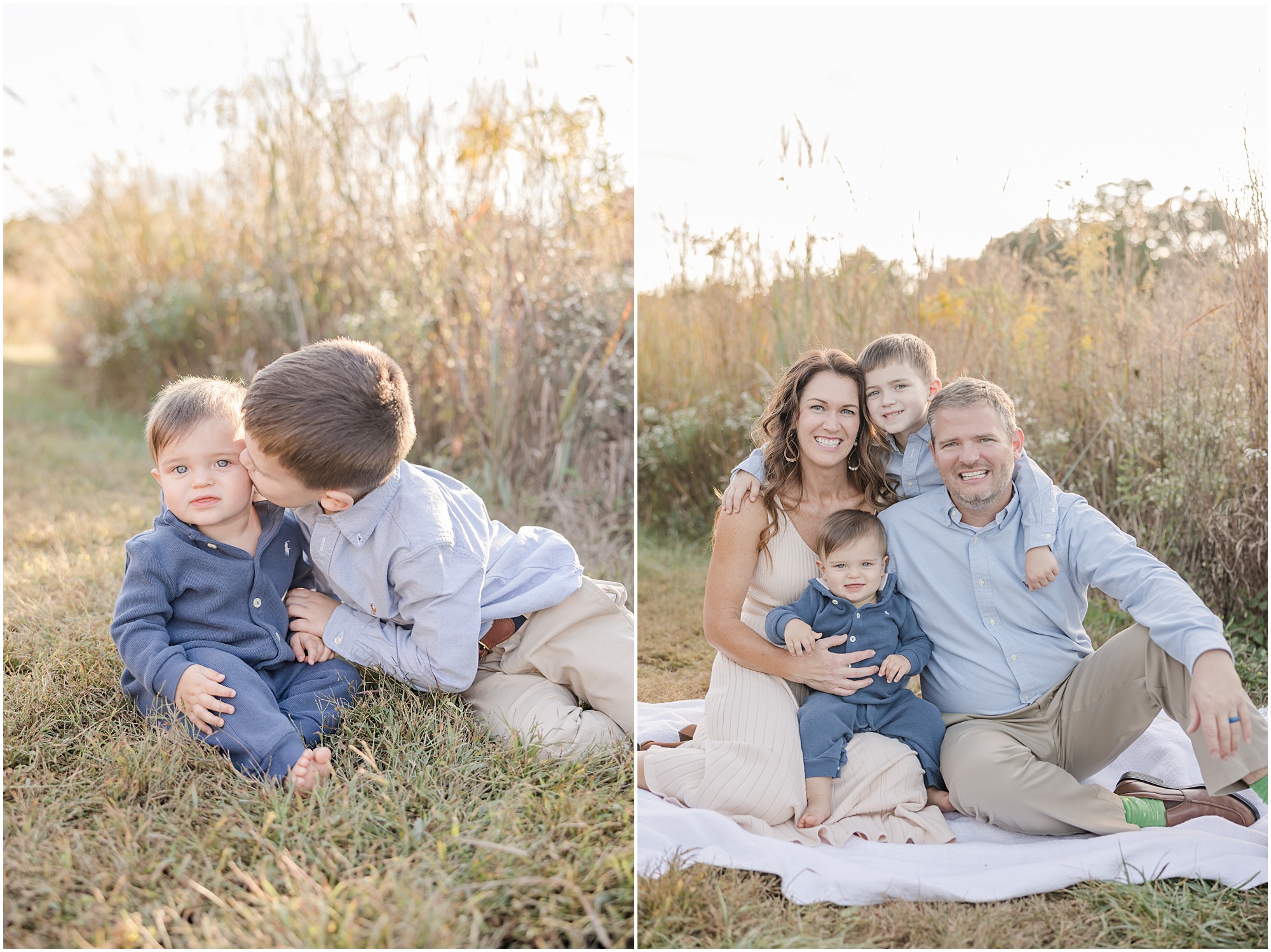 A family poses in a field for family portraits.