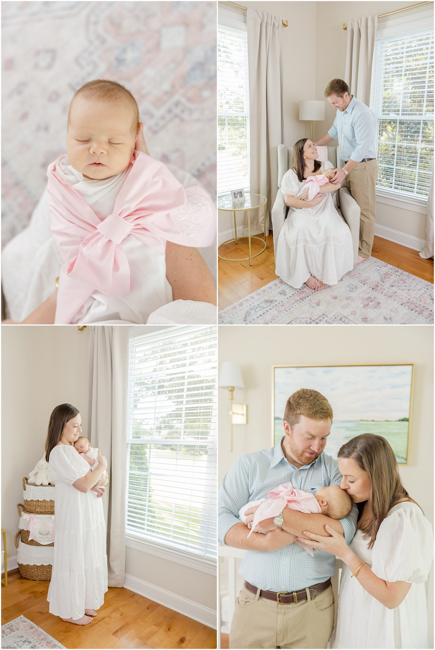 Portraits from an Anderson SC newborn photography session featuring a baby girl in a beaufort bonnet bow swaddle.