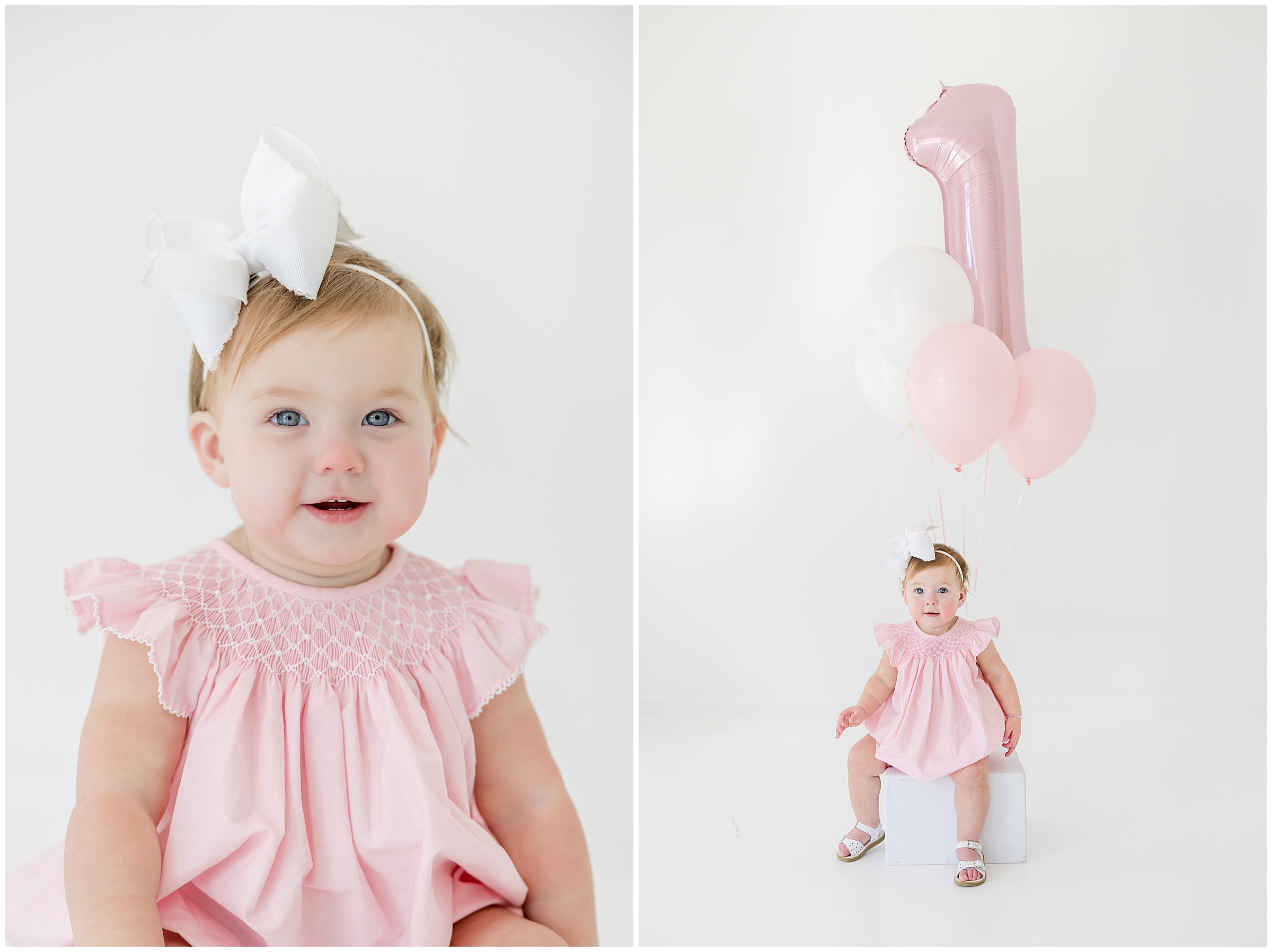 A Greenville studio milestone photo session of a baby's first birthday with a pink number 1 ballon.