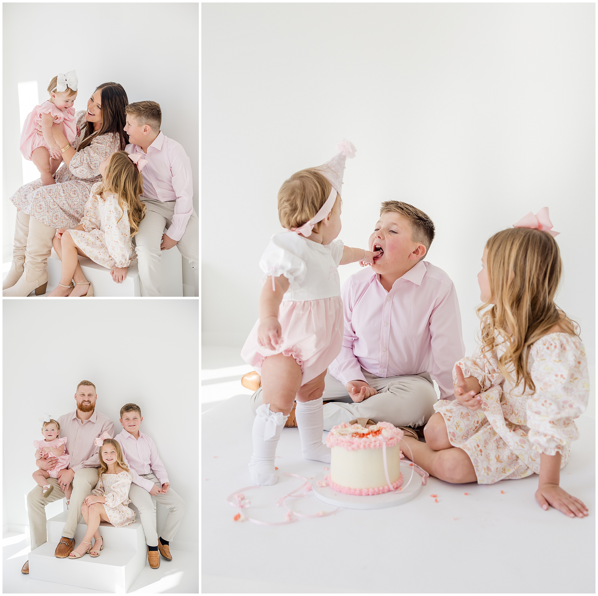 A collage of photos from a first birthday milestone photography session in a Greenville studio.
